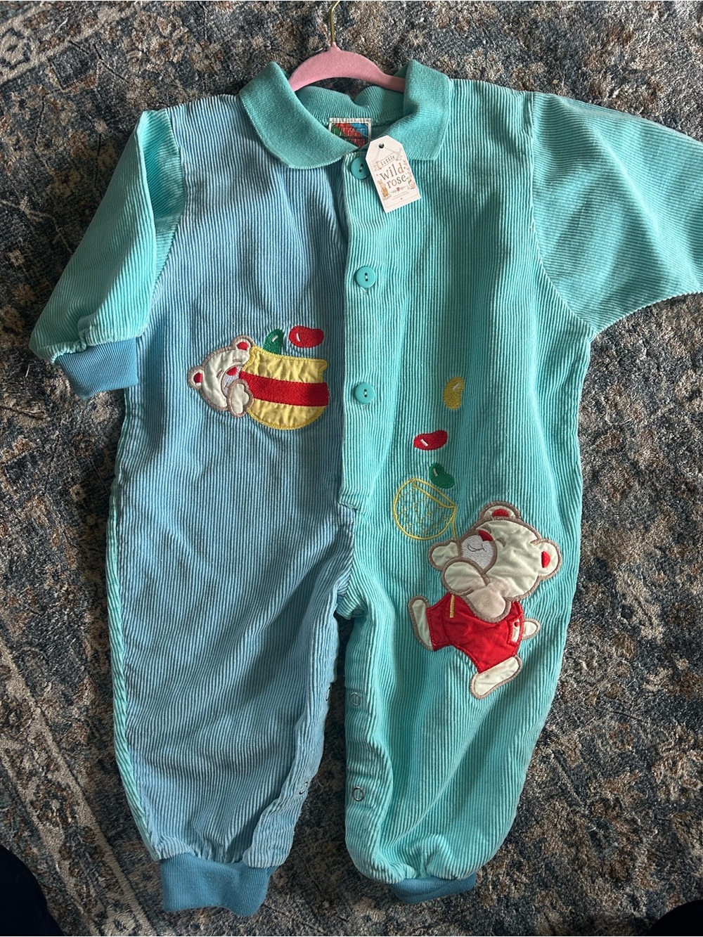 Vintage Turquoise Corduroy Bear One-Piece for Kids 18M
